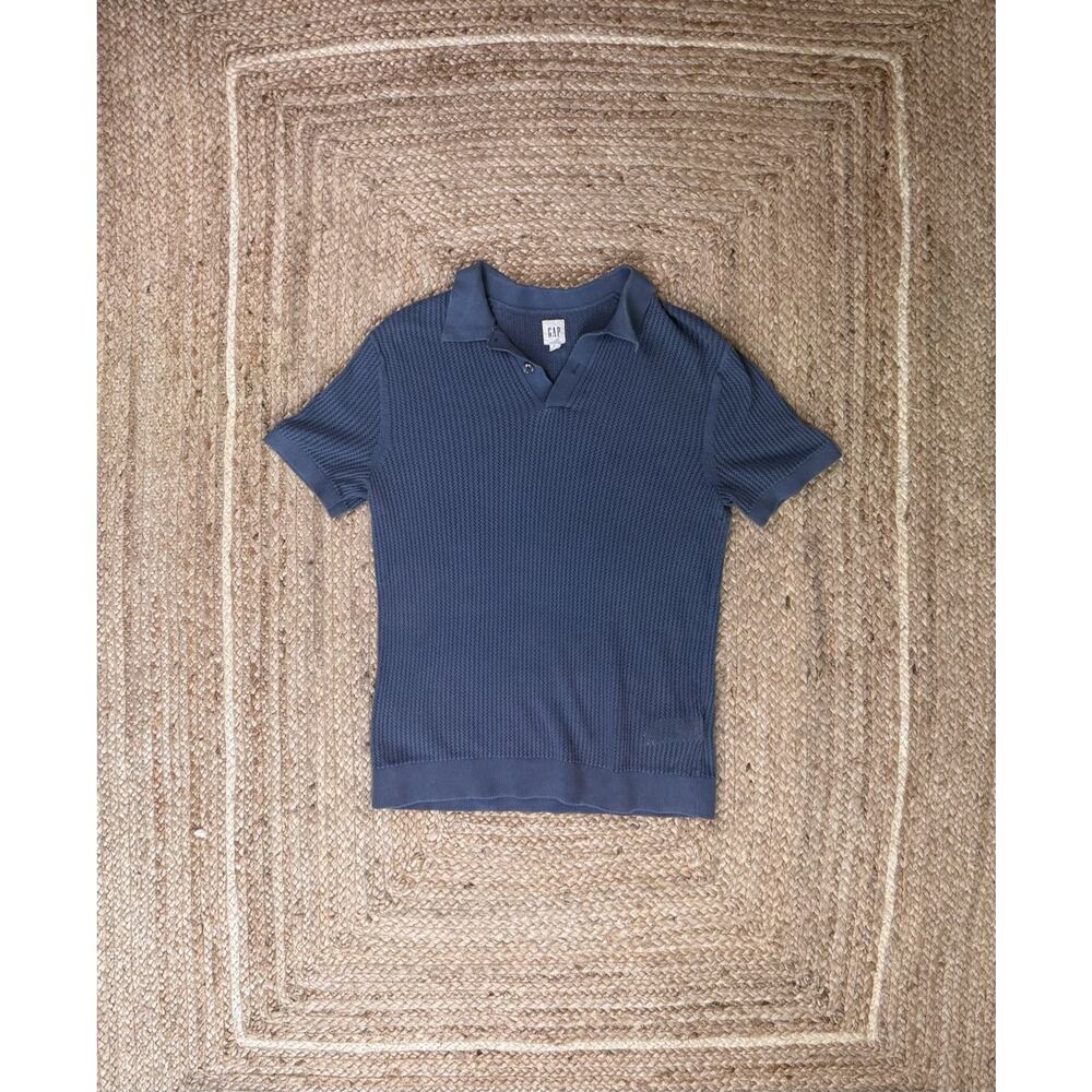 Mens GAP Blue Button Johnny Collar Short Sleeve Polo Crochet